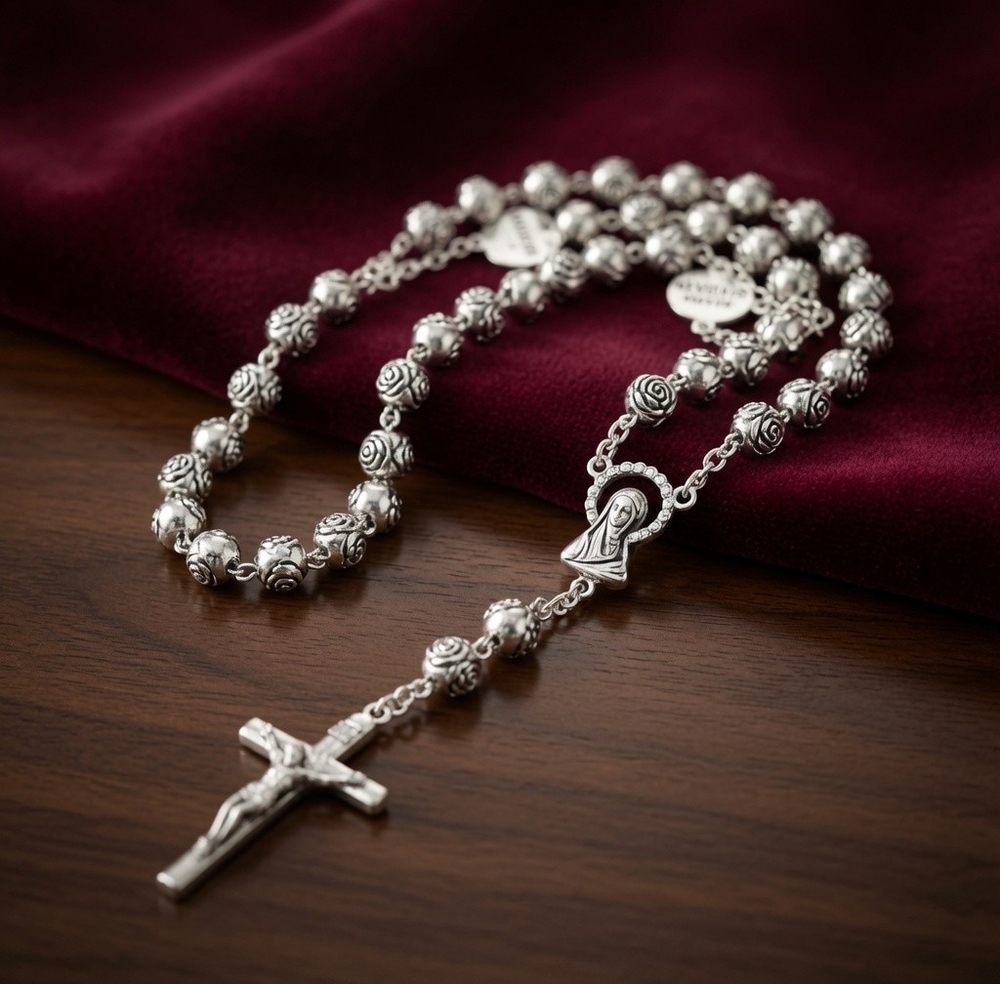 Vintage Italy Silvertone Rose Bead Rosary Basilica S. Maria Maggiore New